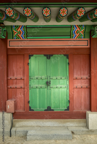 Seoul, Korea - Gyeongbokgung Palace building door in detail.