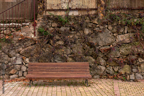 Tranquil Wooden Bench Amidst Stone and Greenery
