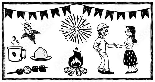 Feast of Saint John. Interior of Brazil. With woodcut style elements.