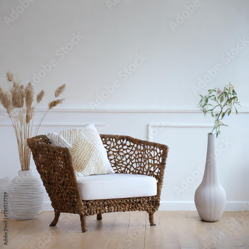 A simple, minimalist eco interior with an openwork wicker armchair lined with pillows