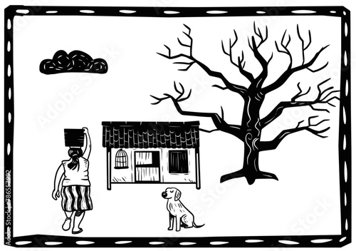 Interior scene, woman with water can on her head. woodcut style