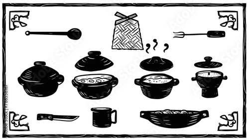 Interior kitchen utensils. Separate vectors in woodcut style.Print