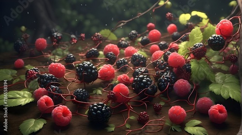 Create an artificial intelligence (AI)-rendered picture of a tangled web of wild dewberries in a forest clearing, complete with trailing vines and clusters of dark, luscious fruits. photo