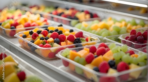 Fruit salads already packaged and sold in plastic boxes in a commercial refrigerator Duplicate the image of space Location for text or design additions photo