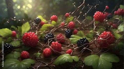 Create an artificial intelligence (AI)-rendered picture of a tangled web of wild dewberries in a forest clearing, complete with trailing vines and clusters of dark, luscious fruits. photo
