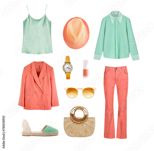 Summer spring female clothes set isolated on white.Orange green apparel.Women's outfit, clothing collection.