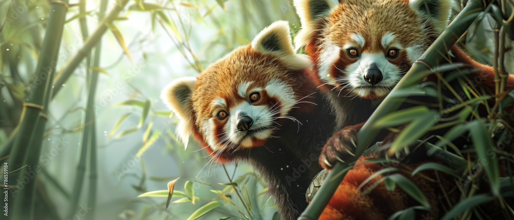 Naklejka premium A pair of red pandas exploring treetops in a bamboo forest, wildlife illustration