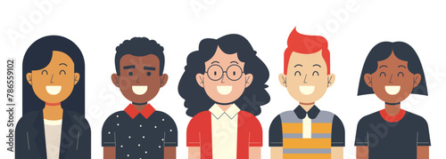 Avatars of young men and women, representing different ethnicities, all smiling. The design highlights inclusion, diversity and joy, ideal for social and communicative themes