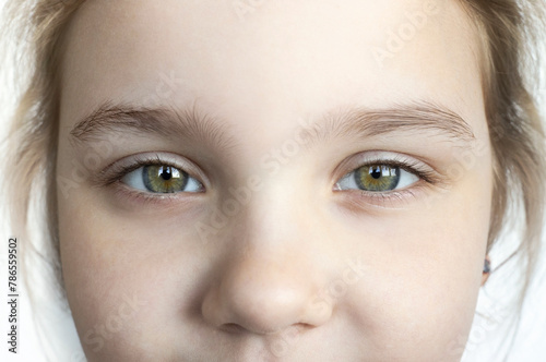 Caucasian child girl look close up. Look.Kid sight.Little girl face.Person with green eyes. © nys