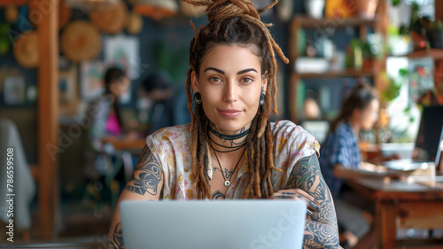 Hipster female creative designer using computer looking at camera photo