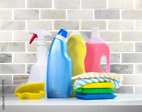 Sanitary items,cleaners.Colorful plastic sanitizing bottles.Desinfectants. © nys