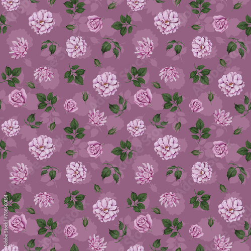 Seamless floral pattern of roses on a pink background with leaves and buds. Watercolor Hand drawn illustration for textile, wallpaper, decoration.