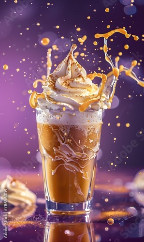 A decadent caramel frappe with whipped cream topping splashing artistically against a purple backdrop