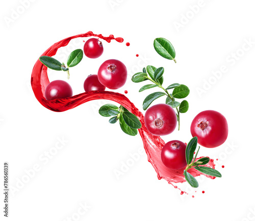Ripe cranberries with leaves in splashes of juice isolated on white background © Krafla