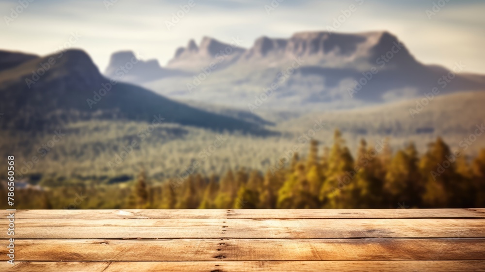 Obraz premium The empty wooden brown table top with blur background of Cradle mountain in Tasmania. Exuberant image. generative AI