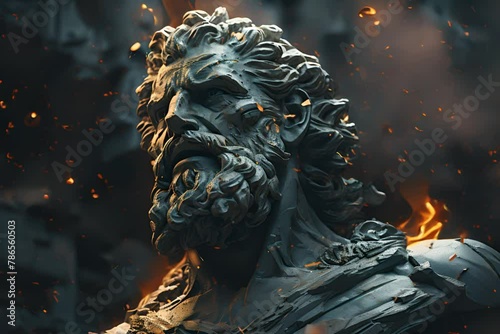A highly detailed 3D rendering of Zeus, the Greek god of the sky and thunder, made of marble with realistic lighting and shadows.