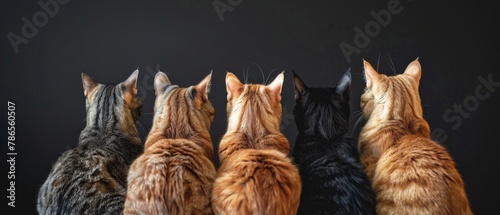 kittens taken from behind sit in a row and watch isolated in front of a black background 