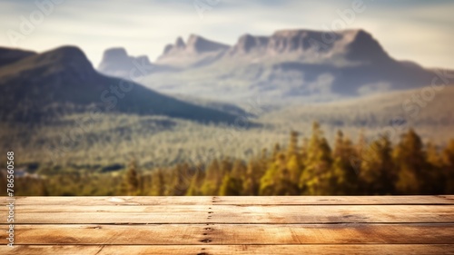 The empty wooden brown table top with blur background of Cradle mountain in Tasmania. Exuberant image. generative AI © Summit Art Creations