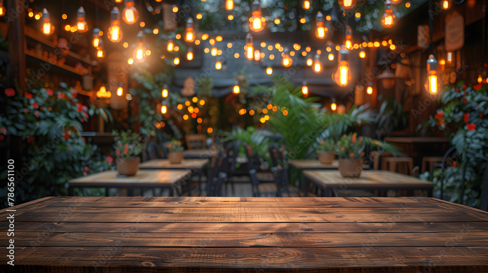 Wooden Table in Front of Abstract Blurred Background,
An Empty Table at an Outdoor Restaurant with a Candle in a Glass Jar