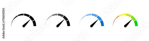 Speedometer icon, tachometer icon. Speed indicator icon set. Rating meter signs performance concept. Dashboard level scale icon. vector illustration	
