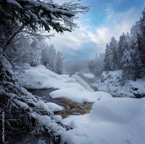 winter landscape in Karelia, river covered with ice and snow