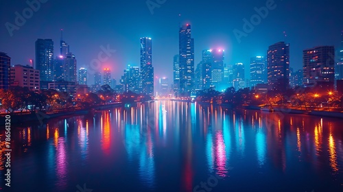 A cityscape at night with illuminated skyscrapers reflecting in a calm river. AI generate illustration