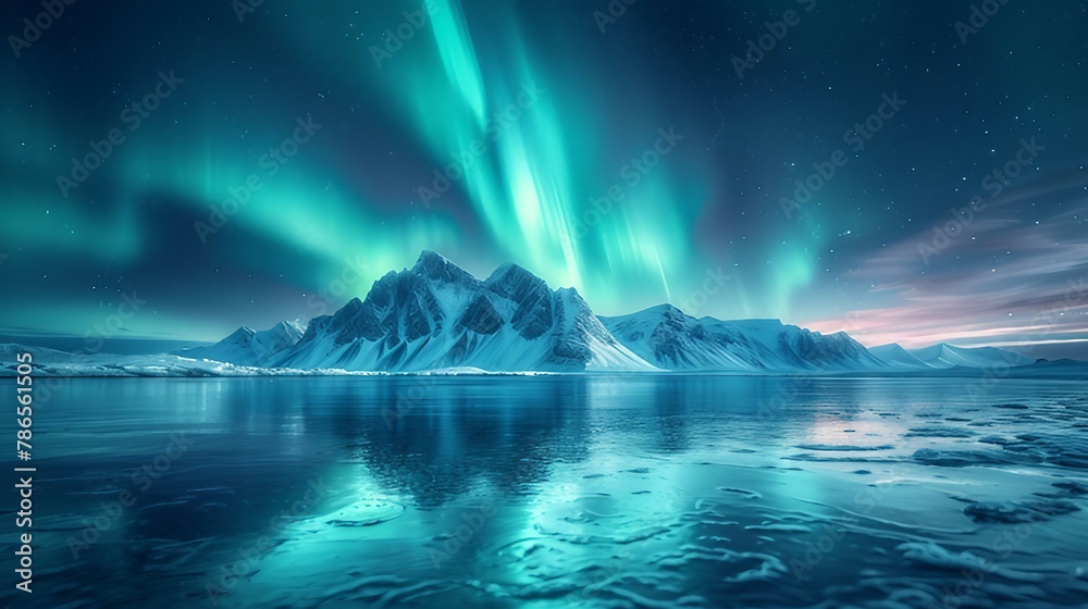 A digital representation of an aurora borealis lighting up the night sky. AI generate illustration