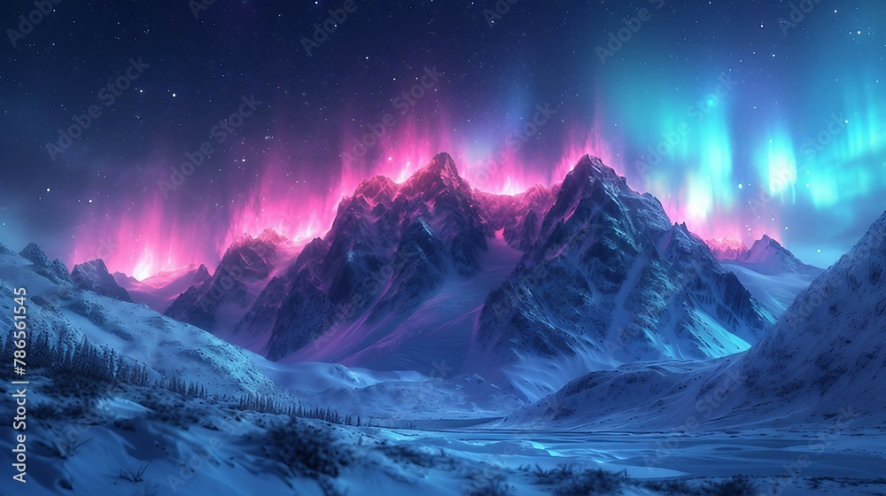 A digital representation of an aurora borealis lighting up the night sky. AI generate illustration - obrazy, fototapety, plakaty 