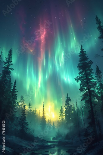 A digital representation of an aurora borealis lighting up the night sky. AI generate illustration