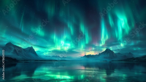 A digital representation of an aurora borealis lighting up the night sky. AI generate illustration © PandaStockArt