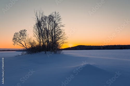 winter landscape in Karelia, lake under snow at sunset