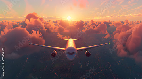 Airplane flying in the sky at sunset 3d illustration Travel by airplane around the Earth sunset.