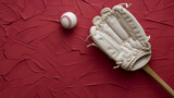 White baseball glove, bat on red background, Generative AI