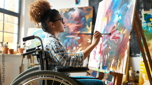 Inspirational Young mixed race artist woman in a wheelchair painting a colorful abstract canvas in the studio