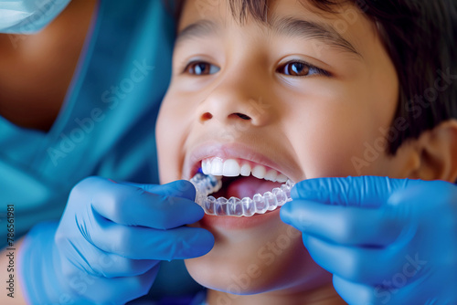 Pediatric Dentist Fitting a Clear Orthodontic Aligner on a Young Boy's Teeth