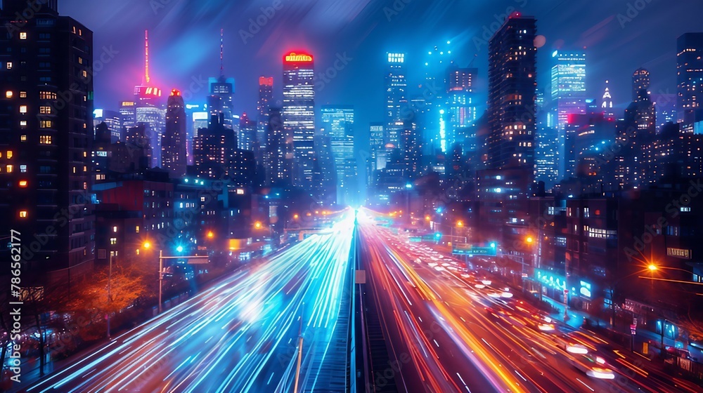 A dynamic and energetic cityscape with streaks of car lights at night. AI generate illustration - obrazy, fototapety, plakaty 