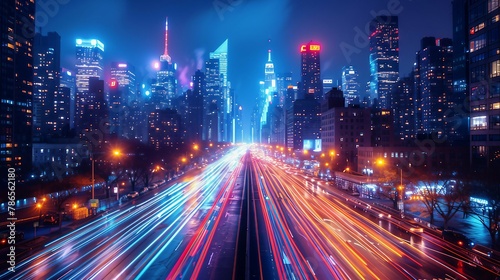 A dynamic and energetic cityscape with streaks of car lights at night. AI generate illustration © PandaStockArt