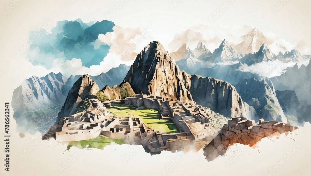 Machu Picchu and Cusco cityscape double exposure contemporary style minimalist artwork collage illustration. - obrazy, fototapety, plakaty 