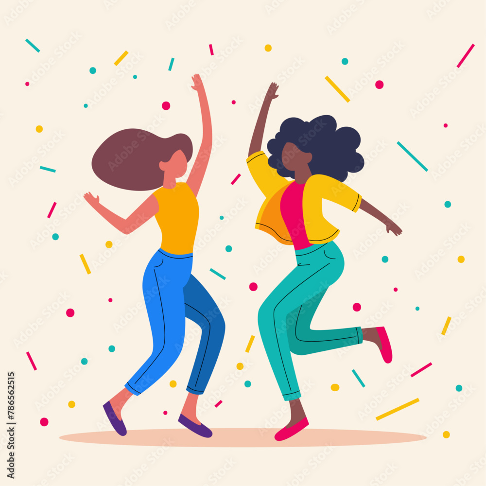 Two friends dance happily under a shower of confetti, in the middle of a party, with vibrant colors, transmitting energy, joy and fun Two friends dance happily under a shower of confetti, in the middle of a party, with vibrant colors, transmitting energy, joy and fun