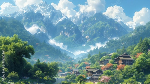 A picturesque scene of a quaint village nestled in the mountains. AI generate illustration