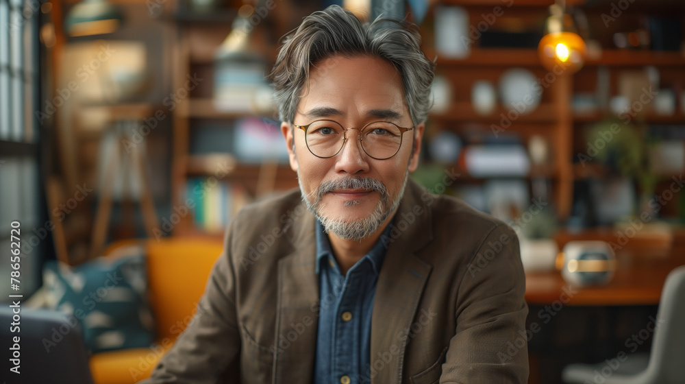 A Asian man with a beard and glasses is sitting in front of a shelf with a clock on it. Photo of an Asian man sitting at his desk in a neat office interior A Asian man with a beard and glasses is sitting in front of a shelf with a clock on it. Photo of an Asian man sitting at his desk in a neat office interior