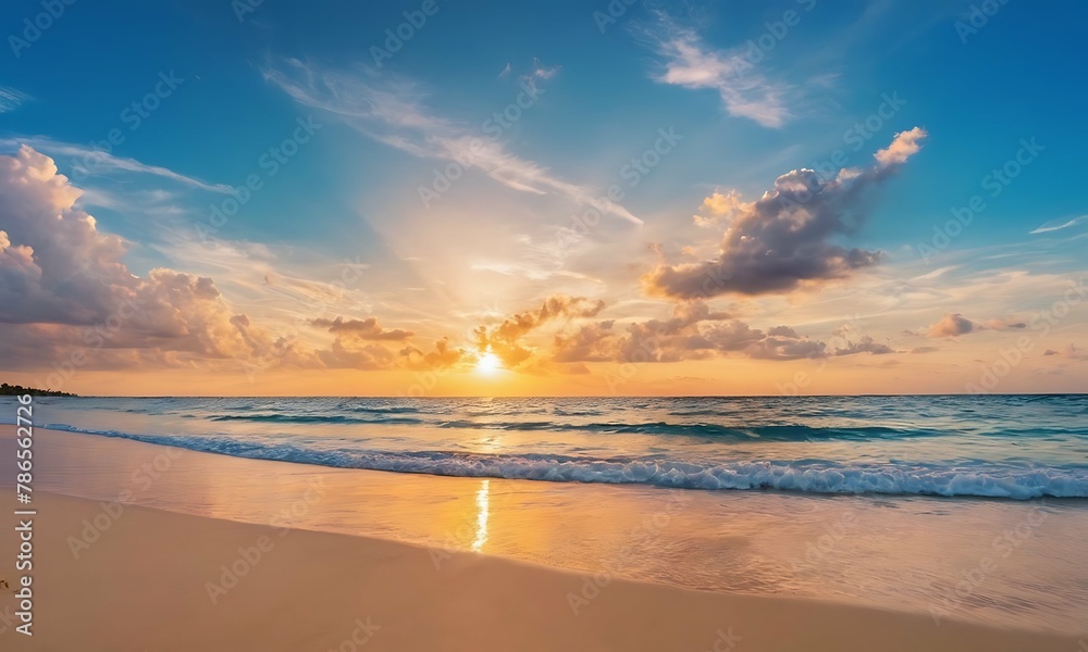 Fototapeta premium Wide golden sunset over beach with beautiful sky, tranquil relaxing atmosphere, summer mood, calmness holiday vacation theme.