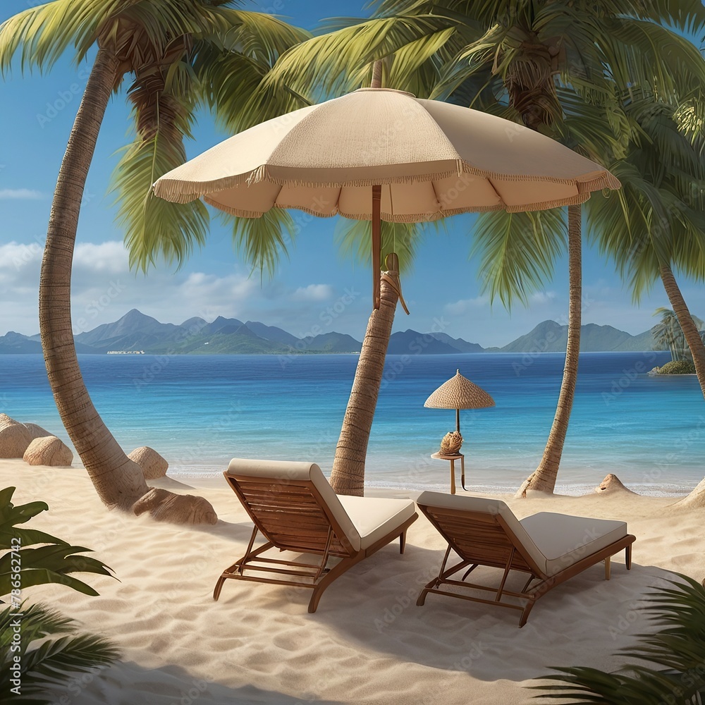 Free Photo Beautiful summer tropical beach 3d concept chair umbrella and summer element New background 