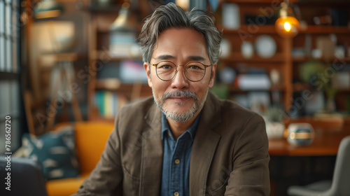 A Asian man with a beard and glasses is sitting in front of a shelf with a clock on it. Photo of an Asian man sitting at his desk in a neat office interior