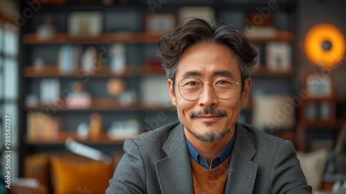 A Asian man with a beard and glasses is sitting in front of a shelf with a clock on it. Photo of an Asian man sitting at his desk in a neat office interior