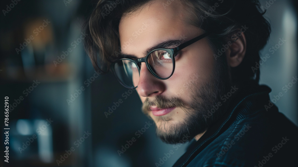 A portrait of a young man with glasses looking off into the distance, a hint of creative reflection in his eyes A portrait of a young man with glasses looking off into the distance, a hint of creative reflection in his eyes