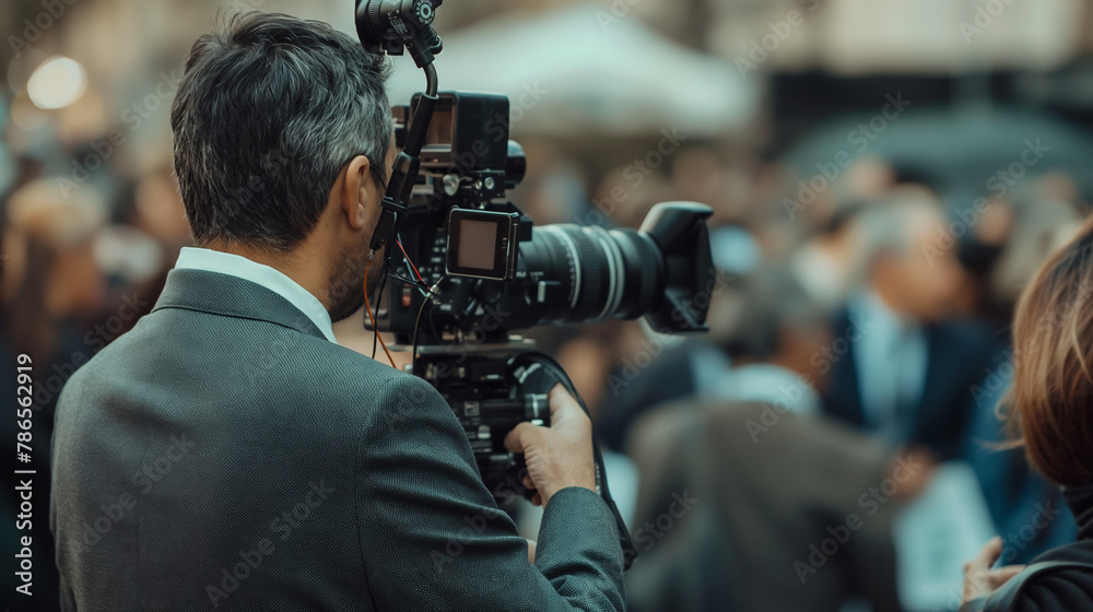 Journalist Capturing the Scene, A focused journalist behind a professional camera on a bustling set, ready to shoot Journalist Capturing the Scene, A focused journalist behind a professional camera on a bustling set, ready to shoot