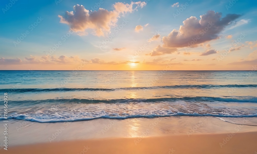 Wide golden sunrise over beach with beautiful sky, tranquil relaxing atmosphere, summer mood, calmness holiday vacation theme. Wide golden sunrise over beach with beautiful sky, tranquil relaxing atmosphere, summer mood, calmness holiday vacation theme.
