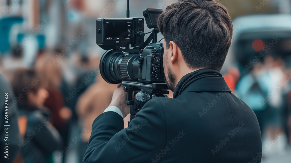 Journalist Capturing the Scene, A focused journalist behind a professional camera on a bustling set, ready to shoot Journalist Capturing the Scene, A focused journalist behind a professional camera on a bustling set, ready to shoot