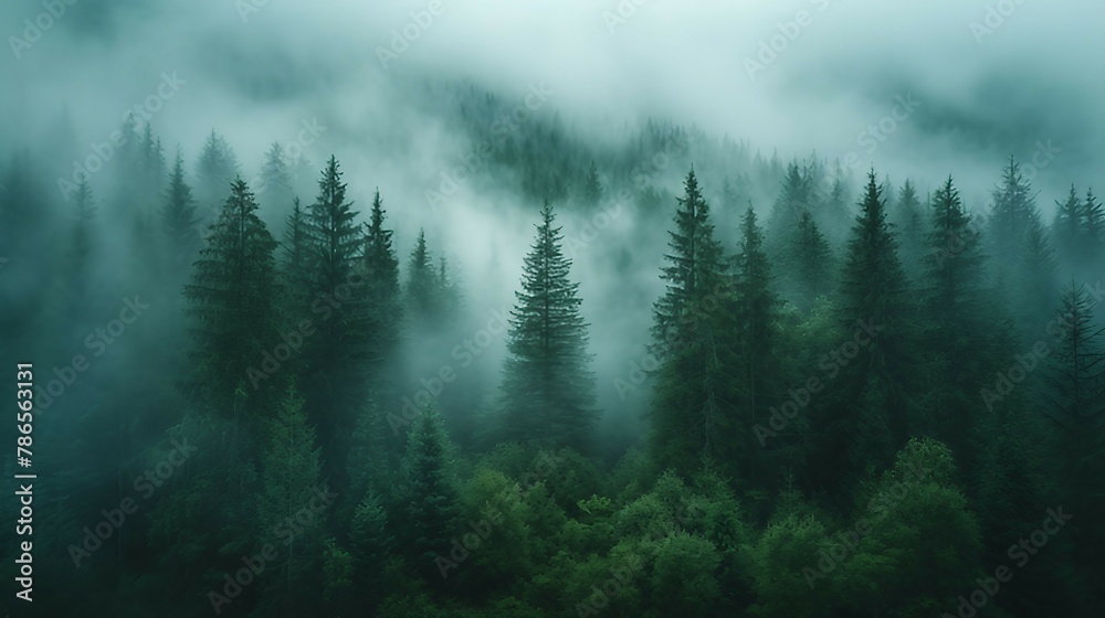 A serene and foggy forest with tall trees disappearing into the mist. AI generate illustration